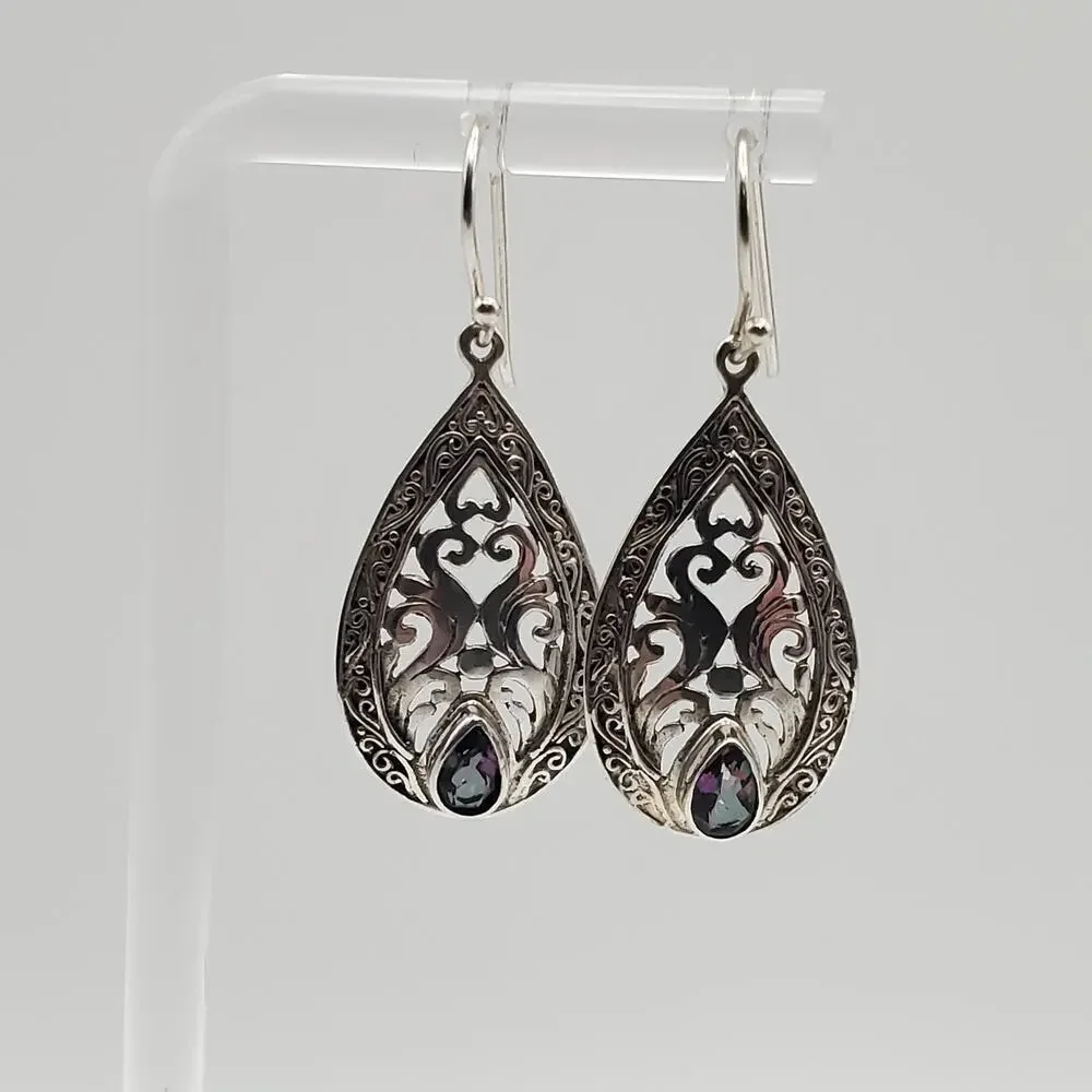 Sterling Silver 925 Mystic Topaz Dangle Filigree Pierced Hook Earrings 1.5